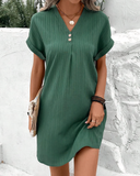 Women's Textured V Neck Mini Dress – Short Sleeve Button Placket Casual Spring Dress