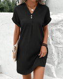 Women's Textured V Neck Mini Dress – Short Sleeve Button Placket Casual Spring Dress