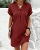 Women's Textured V Neck Mini Dress – Short Sleeve Button Placket Casual Spring Dress