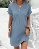 Women's Textured V Neck Mini Dress – Short Sleeve Button Placket Casual Spring Dress