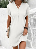 Women's Textured V Neck Mini Dress – Short Sleeve Button Placket Casual Spring Dress