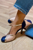 Women's Three-Tone T-Strap Pumps – Round Toe Color Block Stiletto Heel Shoes