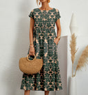 Women's Tie Dye Floral Midi – Scoop Neck Cap Sleeve Smock Waist Pocket Dress