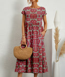 Women's Tie Dye Floral Midi – Scoop Neck Cap Sleeve Smock Waist Pocket Dress