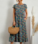 Women's Tie Dye Floral Midi – Scoop Neck Cap Sleeve Smock Waist Pocket Dress