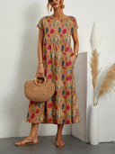 Women's Tie Dye Floral Midi – Scoop Neck Cap Sleeve Smock Waist Pocket Dress