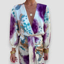 Women's Tie Dye Two Piece Set – V Neck Long Sleeve Wrap Blouse Midi Skirt Set