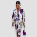 Women's Tie Dye Two Piece Set – V Neck Long Sleeve Wrap Blouse Midi Skirt Set