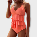 Women's Tiered Ruffle One Piece Swimsuit – V Neck Mesh Back Strappy Swimwear