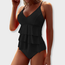 Women's Tiered Ruffle One Piece Swimsuit – V Neck Mesh Back Strappy Swimwear