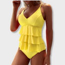 Women's Tiered Ruffle One Piece Swimsuit – V Neck Mesh Back Strappy Swimwear