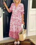 Women's Toile Floral Maxi – V Neck Elbow Sleeve Tiered Border Hem Summer Dress