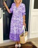Women's Toile Floral Maxi – V Neck Elbow Sleeve Tiered Border Hem Summer Dress