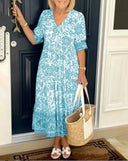 Women's Toile Floral Maxi – V Neck Elbow Sleeve Tiered Border Hem Summer Dress