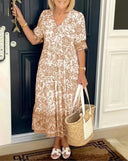 Women's Toile Floral Maxi – V Neck Elbow Sleeve Tiered Border Hem Summer Dress