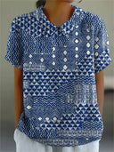 Women's Tribal Geometric Print Top – Collared Short Sleeve Casual Everyday Shirt