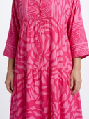 Women's Tribal Print Maxi – Band Collar Button Front Tiered Dress