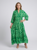 Women's Tribal Print Maxi – Band Collar Button Front Tiered Dress