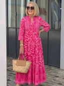 Women's Tribal Print Maxi – Band Collar Button Front Tiered Dress