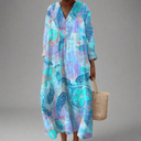 Women's Tropical Butterfly Print Midi – V Neck Long Sleeve Casual Summer Dress