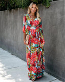 Women's Tropical Floral Kimono Wrap Maxi Dress – V Neck Boho Beach Summer