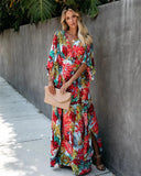 Women's Tropical Floral Kimono Wrap Maxi Dress – V Neck Boho Beach Summer
