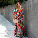 Women's Tropical Floral Kimono Wrap Maxi Dress – V Neck Boho Beach Summer