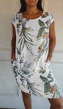 Women's Tropical Floral Midi – Round Neck Cap Sleeve Pocket Casual Summer Dress