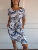 Women's Tropical Floral Midi – Round Neck Cap Sleeve Pocket Casual Summer Dress