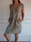 Women's Tropical Floral Midi – Round Neck Cap Sleeve Pocket Casual Summer Dress