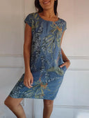 Women's Tropical Floral Midi – Round Neck Cap Sleeve Pocket Casual Summer Dress