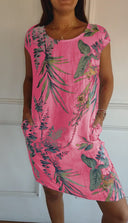 Women's Tropical Floral Midi – Round Neck Cap Sleeve Pocket Casual Summer Dress