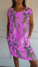 Women's Tropical Floral Midi – Round Neck Cap Sleeve Pocket Casual Summer Dress