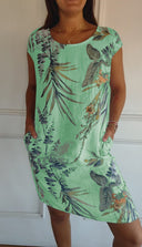 Women's Tropical Floral Midi – Round Neck Cap Sleeve Pocket Casual Summer Dress