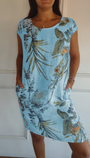 Women's Tropical Floral Midi – Round Neck Cap Sleeve Pocket Casual Summer Dress