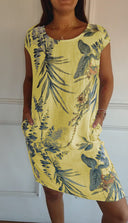 Women's Tropical Floral Midi – Round Neck Cap Sleeve Pocket Casual Summer Dress