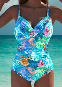 Women's Tropical Floral One Piece Swimsuit – V Neck Wrap Ruched Strappy Swimwear