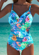 Women's Tropical Floral One Piece Swimsuit – V Neck Wrap Ruched Strappy Swimwear
