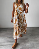 Women's Tropical Leaf Print Maxi – Round Neck Sleeveless Oversized Summer Dress