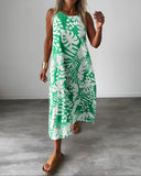 Women's Tropical Leaf Print Maxi – Round Neck Sleeveless Oversized Summer Dress