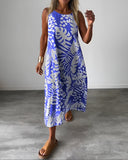 Women's Tropical Leaf Print Maxi – Round Neck Sleeveless Oversized Summer Dress