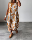 Women's Tropical Leaf Print Maxi – Round Neck Sleeveless Oversized Summer Dress