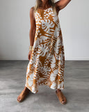 Women's Tropical Leaf Print Maxi – Round Neck Sleeveless Oversized Summer Dress