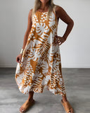 Women's Tropical Leaf Print Maxi – Round Neck Sleeveless Oversized Summer Dress