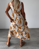 Women's Tropical Leaf Print Maxi – Round Neck Sleeveless Oversized Summer Dress
