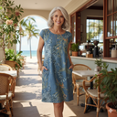 Women's Tropical Leaf Print Midi Dress – Round Neck Cap Sleeve Side Pocket