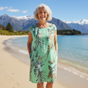 Women's Tropical Leaf Print Midi Dress – Round Neck Cap Sleeve Side Pocket