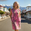 Women's Tropical Leaf Print Midi Dress – Round Neck Cap Sleeve Side Pocket