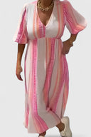 Women's Tropical Print Maxi Dress – V Neck Puff Sleeve Empire Waist Summer Dress