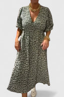 Women's Tropical Print Maxi Dress – V Neck Puff Sleeve Empire Waist Summer Dress